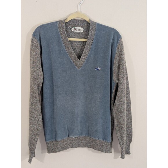 Vintage 80s Izod Lacoste Mens Sz L Thrashed Velour Wool Knit V-Neck Sweater - Picture 1 of 8